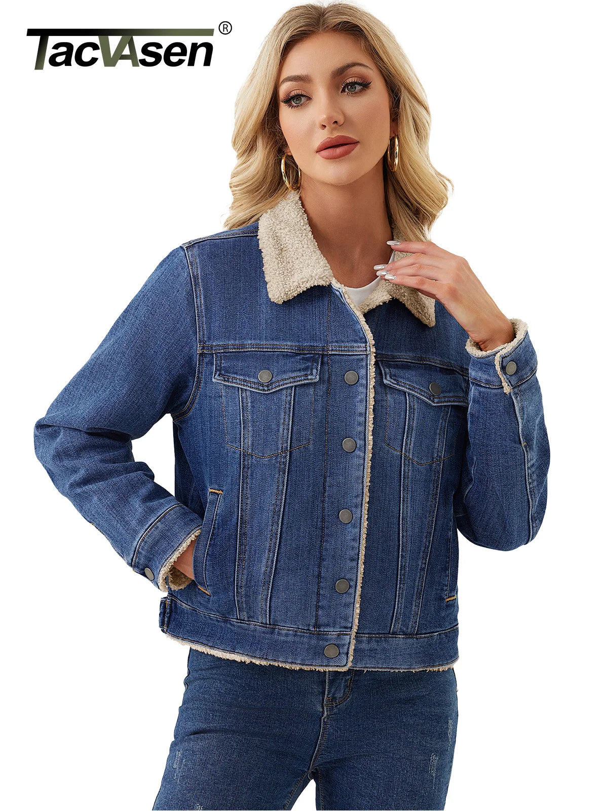 TACVASEN Women's Sherpa Lined Denim Jacket Winter Warm Fleece Trucker Coat Classic Button Down Outerwear with Multi-Pockets