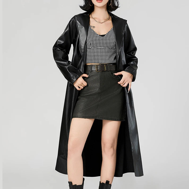 Women's Streetwear Windbreaker Black Tie Up Pu Leather Jackets For Women Fall Winter Windproof Anoraks Trench Coat For Women