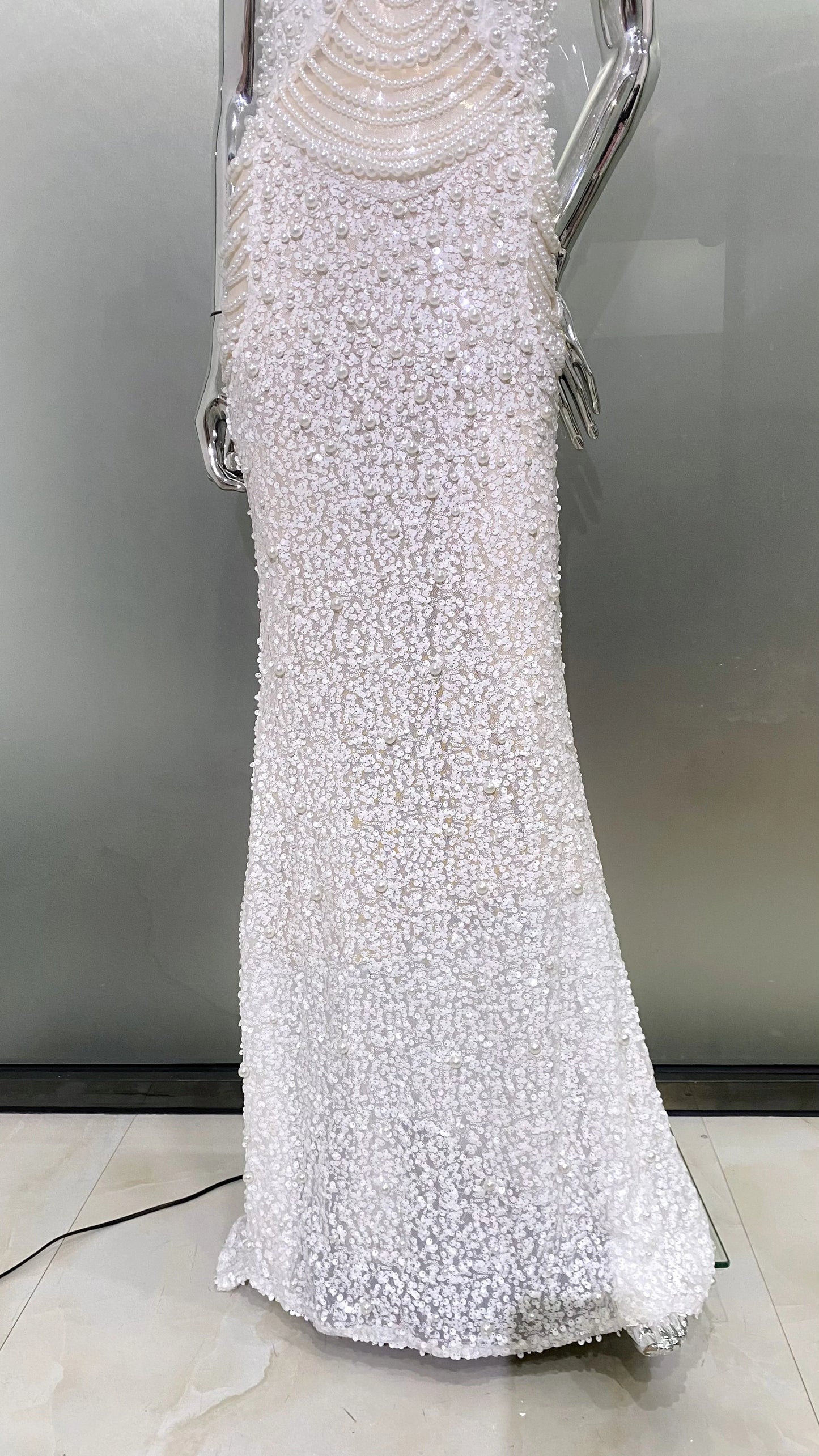 Luxury Pearl String Sexy See Through White Sequins Long Dress Elegant Woman Wedding Party Dress Red Carpet Goddess Vestido