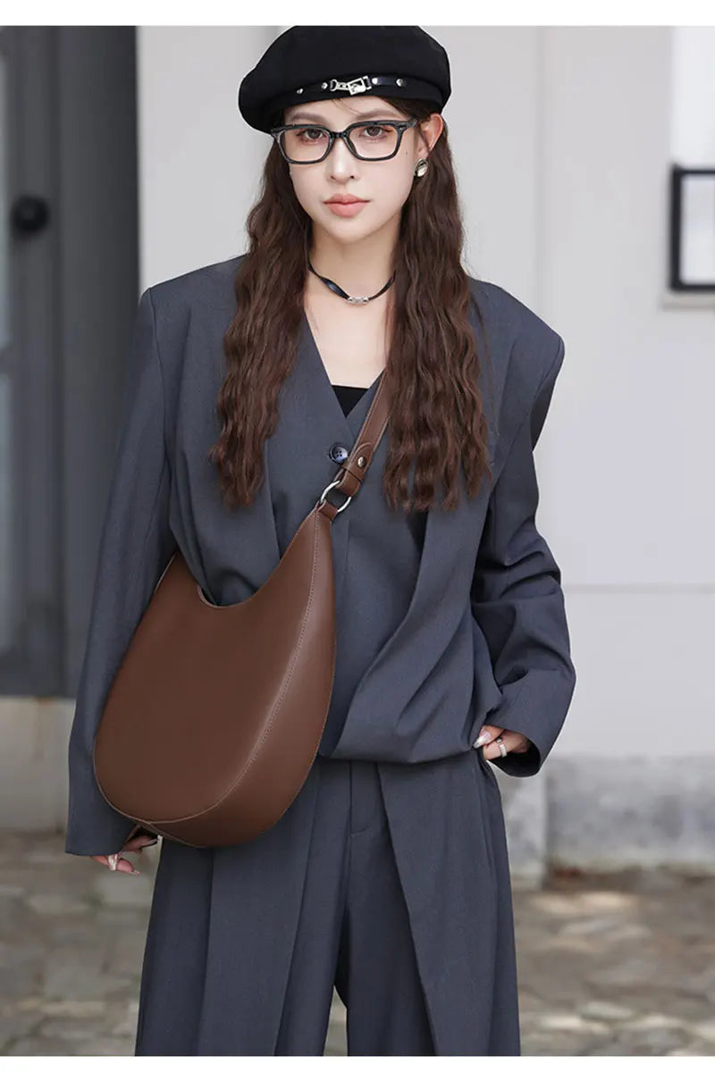 Genuine Leather Women Tote Bags Fashion Luxury Designer Women's Shoulder Bag Quality Cowhide Large Capacity Half Moon Handbags