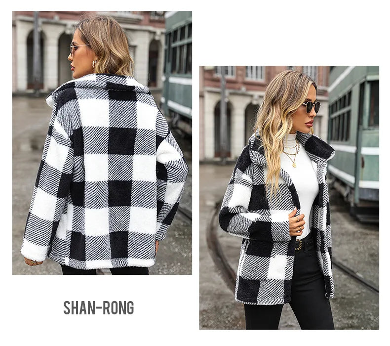 2026 Autumn Winter Long Sleeve Thick Jacket For Women Plush Warm Button Casual Coat Lady Elegant Loose Plaid Coat Female Clothes