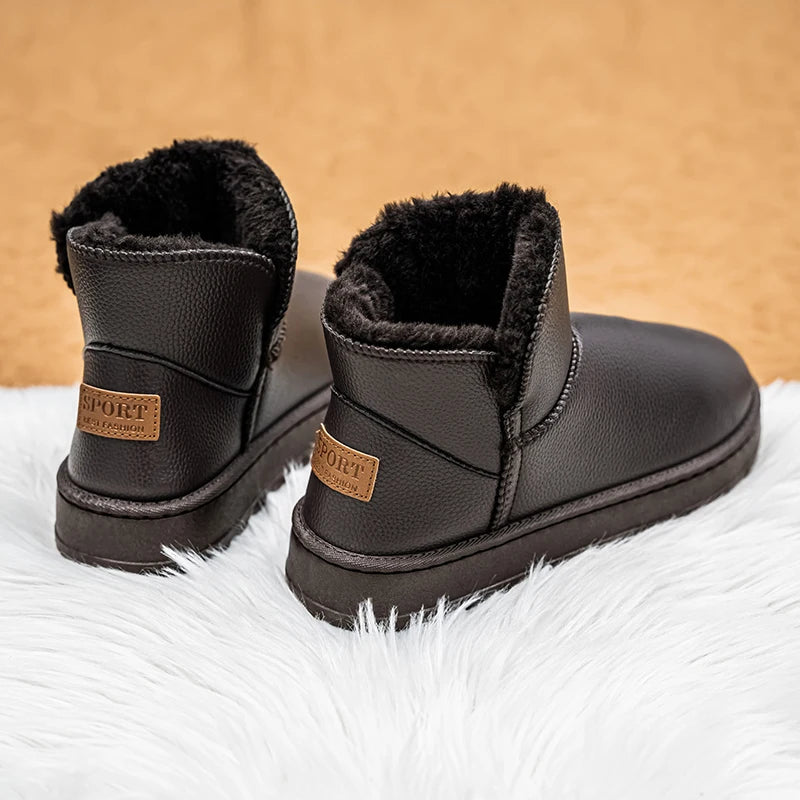Couple Style Men's and Women's High-Top Leather Waterproof Snow Boots Plus Velvet Warm Boots and Cotton Shoes