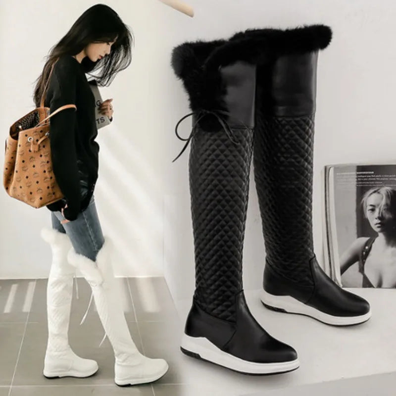 Women's Winter High Snow Boots Warm Fur Plush Black White Over the Knee High Boot Ladies Casual Wedge Heels Rain Shoe Waterproof