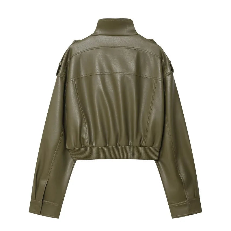 MUJER Faux Leather Cropped Jacket Women Bomber Demi-season Jackets for Women Long Sleeve Women's Coats Zip Overcoat Jacket Women
