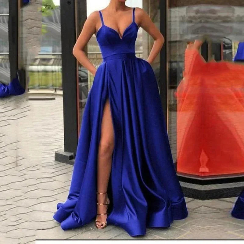 2026 Women's Wedding Party Evening Dresses Solid Elegant Side Slit A-Line Satin Sleeveless Straps Maxi Dress Sexy Banquet Gown