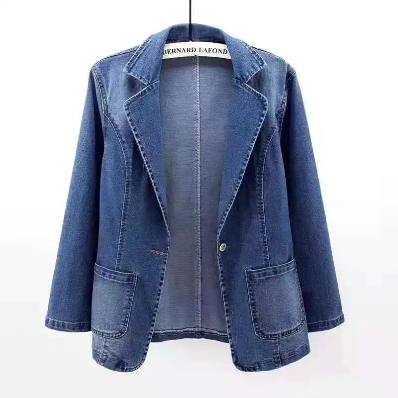 Spring Autumn New One Button Design Denim Jacket For Women Slimming Fit Suit Collar Solid Color Cardigan Blue Cowboy Outer Wear