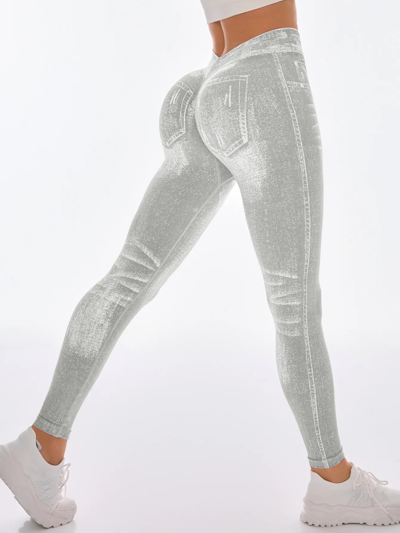 Women V Back Gym Leggings Faux Denim Jeans  Athletic Workout Leggins Elastic Seamless Training Yoga Pants Sports Fitness Tights