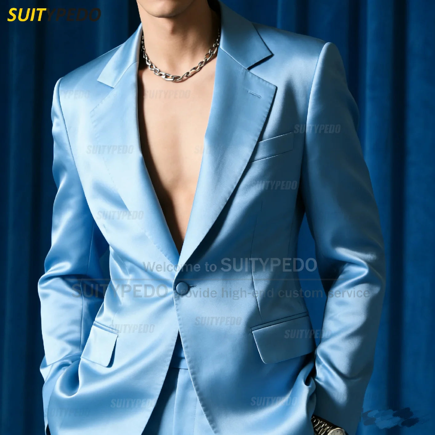 Fashion Royal Blue Satin Party Prom Men's Suit Sets 2 Pcs Blazer And Pants Brief Solid One Button Notch Lapel  Homme Costumes