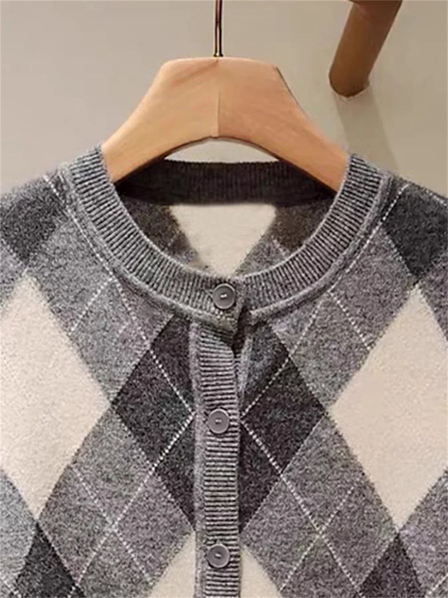 2025 Autumn Women Contrast Color Argyle Sweater Coat O-Neck Single Breasted Long Sleeve Lady Knit Cardigan Top