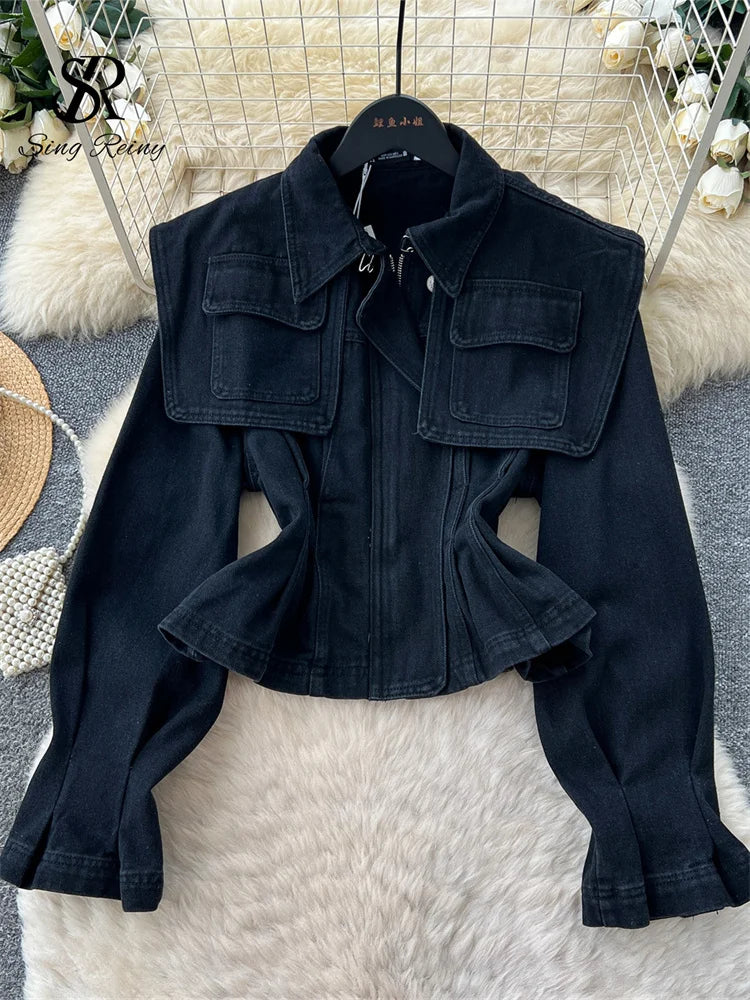SINGREINY Fashion Senior Denim Jacket New French Classic Lapel Full Sleeves Slim Outwear Women Autumn Chic Elegant Workwear Coat