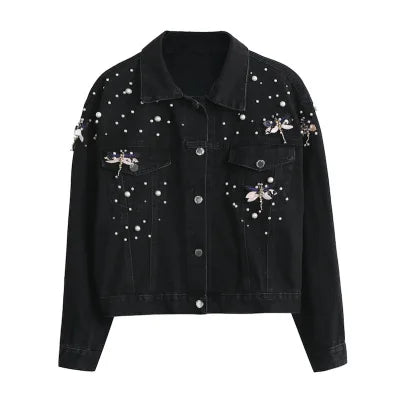 Women Denim Coat Single Breasted Turn Down Collar Distressed Dragonfly Beaded Jackets Vintage Washed Outerwear Streetwear