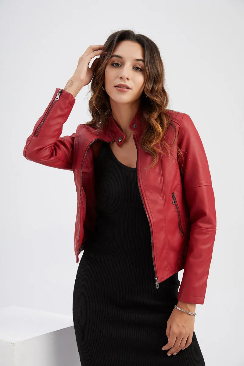 Women Moto Biker Zipper Jacket 2026 Faux Leather Jacket Women Spring Autumn Coat Black Brown Red Purple Navy Coffee Black XS 4XL