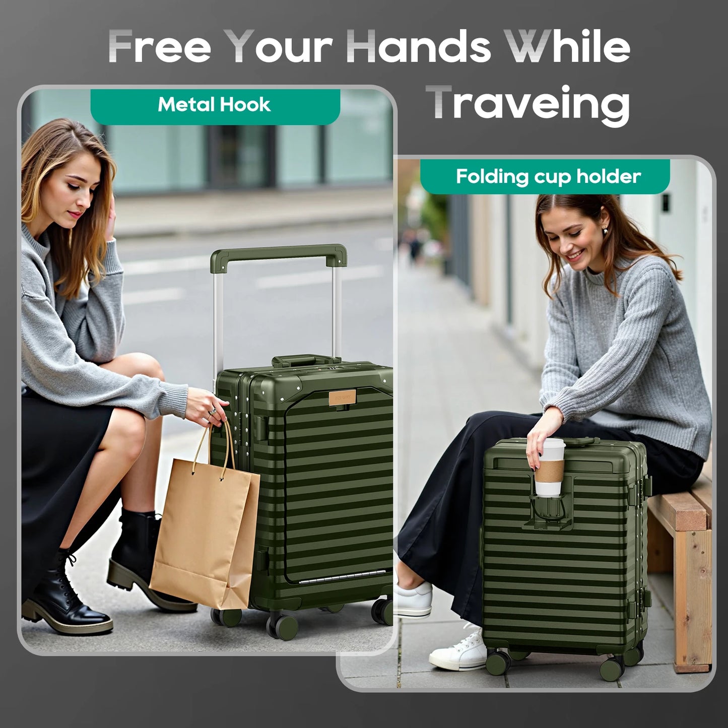 Joyway 20 inch Aluminium Carry on Luggage Suitcase with Front Pocket, USB Port, Cup Holder, TSA Lock and Spinner Wheels