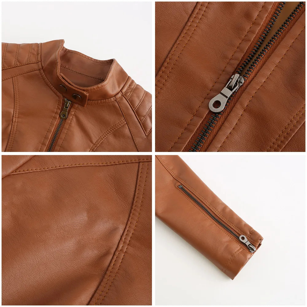 Ladies casual stand-up collar jacket Slim models women's spring and autumn solid color women's leather jacket