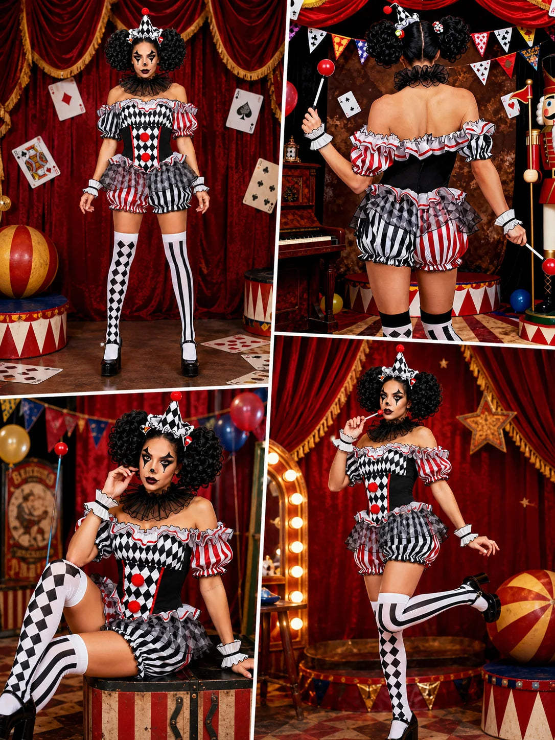Women's Halloween Evil Clown Costume Sexy Circus Cosplay Off Shoulder Diamond Pattern Ruffled Bloomer Outfit with Hat Mesh Collar Wrist Cuffs Fancy Dress