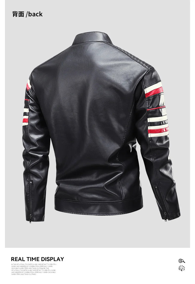 High Street Men's Vintage Biker Leather Jacket Autumn Winter Retro Stand Collar Motorcycle PU Coat Warm Windproof Casual Jacket