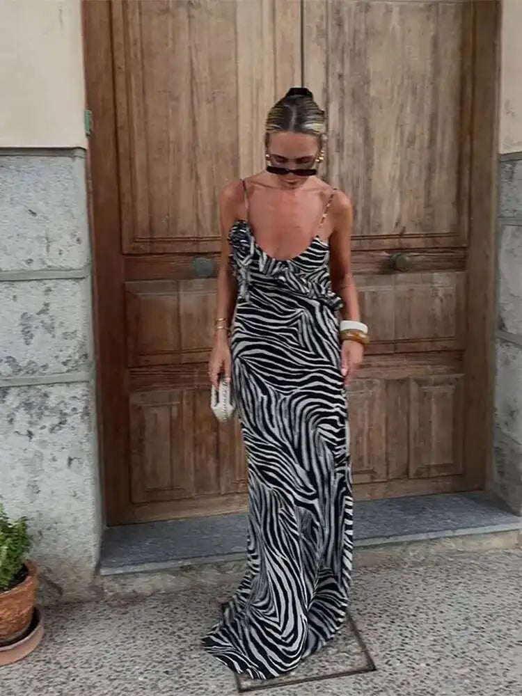 Fashion Print Backless Women Long Dress Elegant Sleeveless Spaghetti Strap Bodycon Dresses Female Evening Party Beach Robe