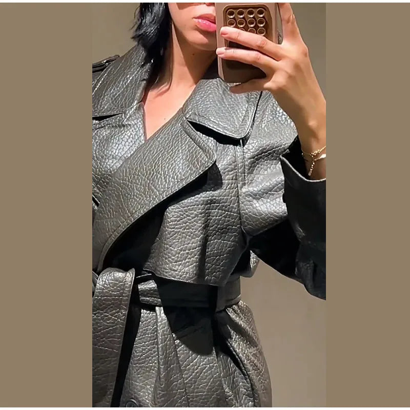 Double Breasted Lace up Long Leather Coat Woman Long Sleeves Loose Solid Color Casual Jackets Street Women's Early Autumn Coats