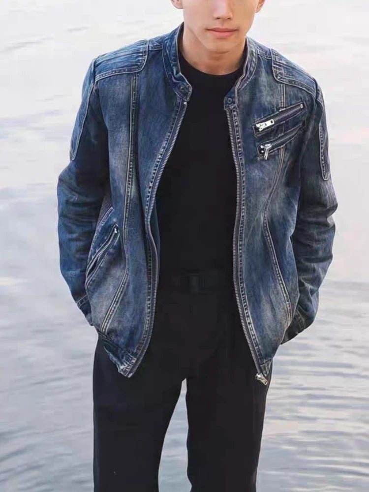 Men's Retro Denim Jacket Casual Oversized Stand Up Collar Zippered Jacket Cycling Motorcycle Coat Trend Loose Fit Top