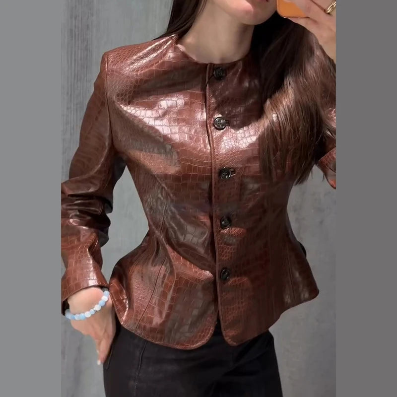 Street Fitted Leather Jackets Women Shoulder Pad Single Breasted Long Sleeves Pu Coats Female 2026 Autumn New Chic Outwears Lady