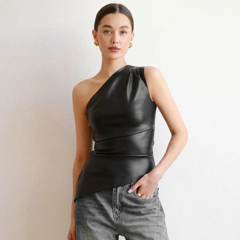 PixieKiki Fashion PU Leather Sleeveless T Shirts Side Zipper One Shoulder Asymmetrical Tops Women Clothing Fall 2024 C85-CA12