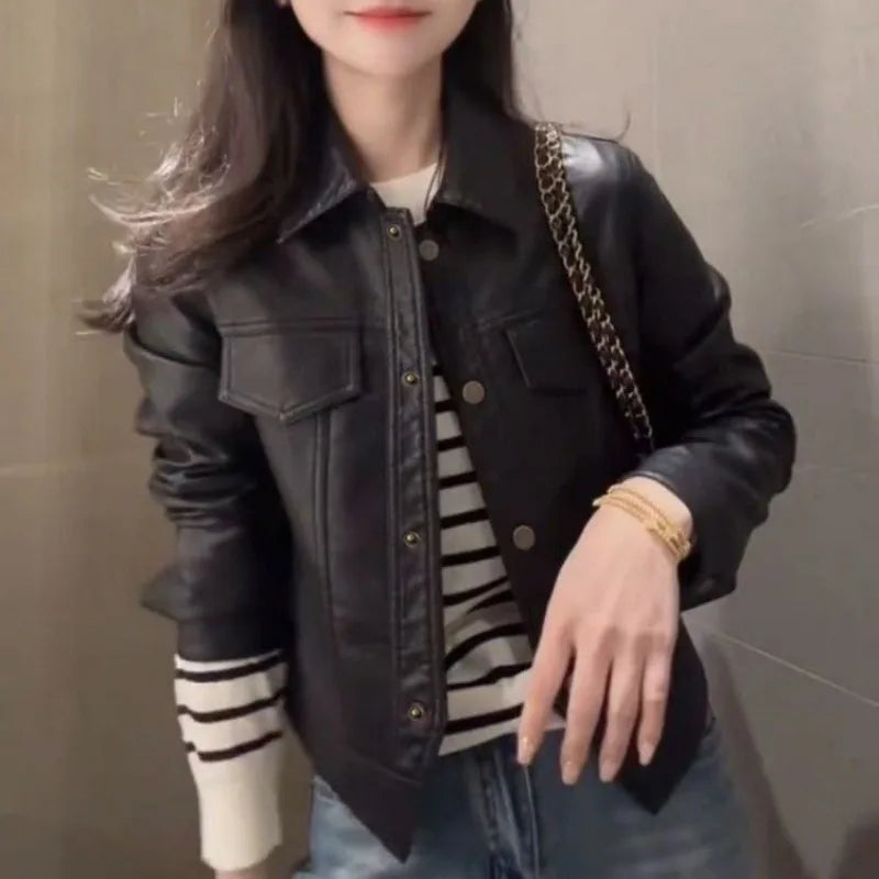 Women Autumn Winter Casual Faux Leather Biker Jacket Lapel Collar Loose Short Pu Coat Versatile Outerwear