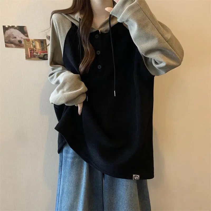 Women Clothing Fashion Casual Long Sleeve Hoodies Spring Autumn Loose Lazy Style Top Tee Office Lady Button Patchwork Pullover