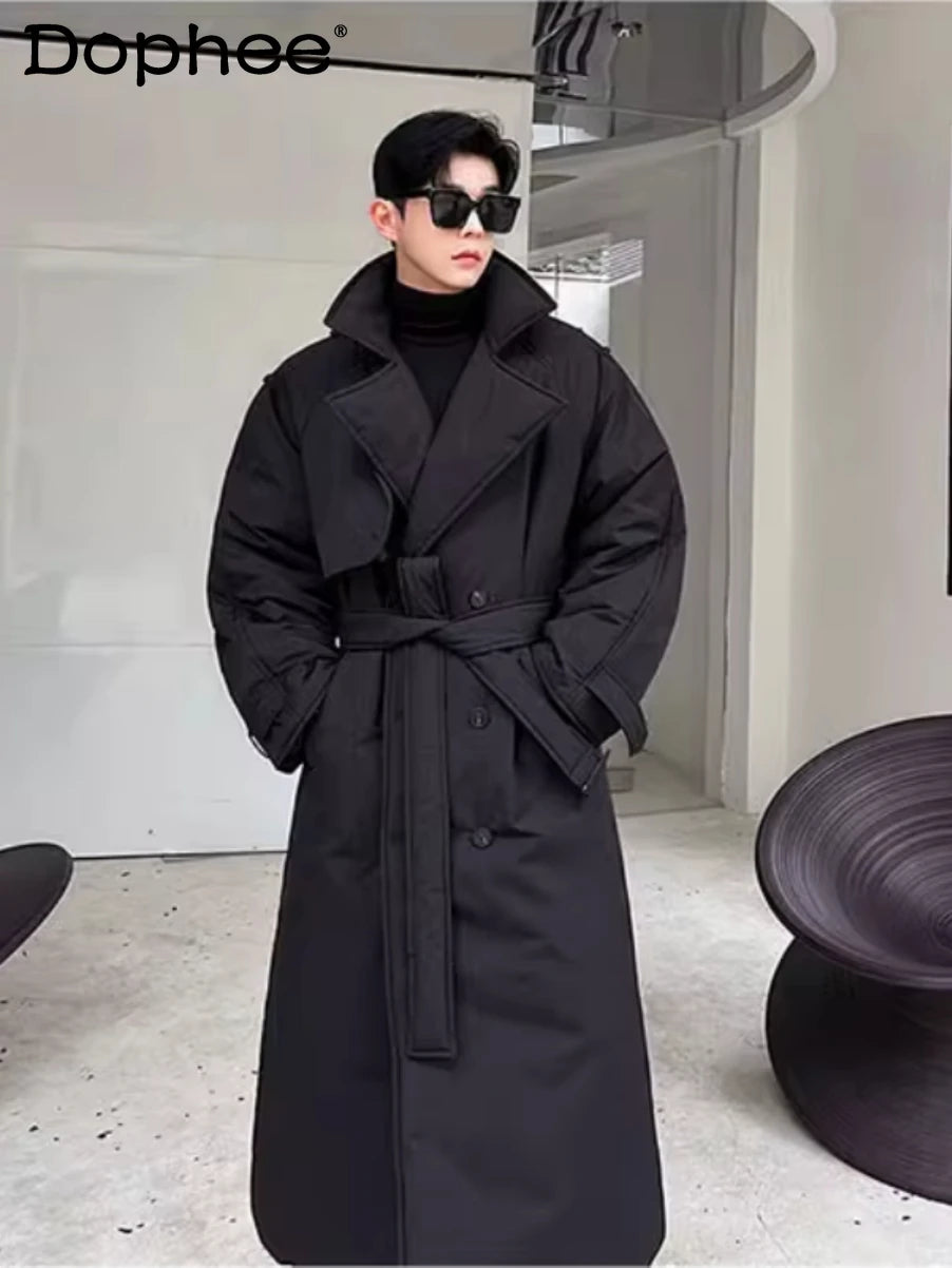 Winter Thickened Long Down Jacket Man's Belt Design Korean Warm Over The Knee Fashionable Long Sleeve Solid Color Cotton Coats