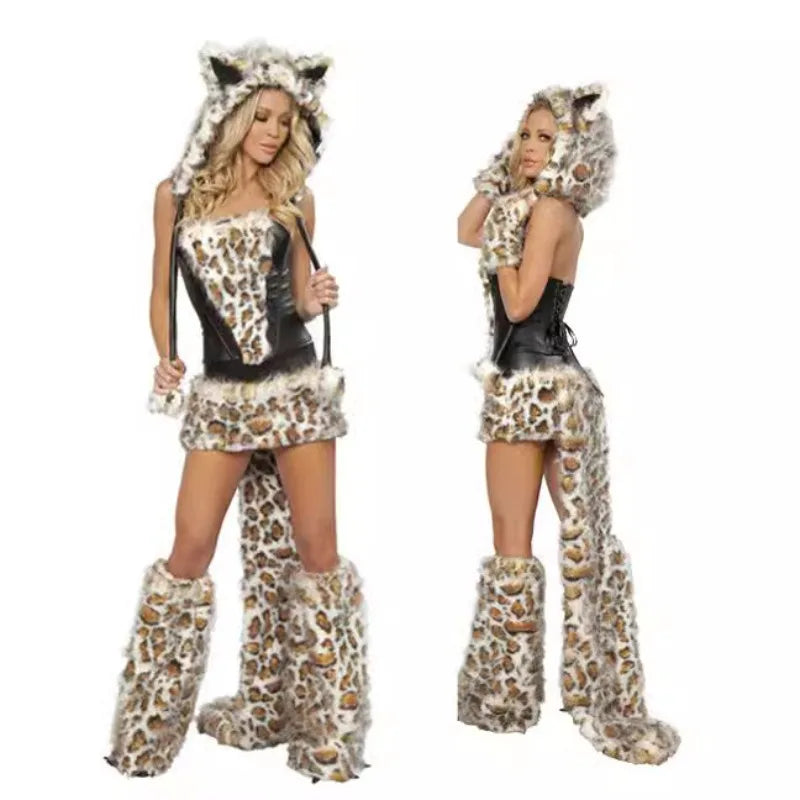 Halloween Costume Woman Sexy Animals Bunny White Leopard Fox Roleplay Outfit Hooded Dress with Tail Carnival Cosplay Party