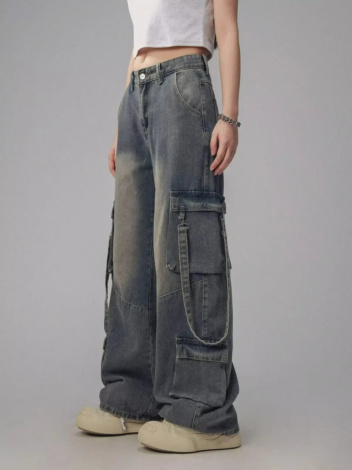 Cargo Straight Full Length Distressed Men Jean Spliced Loose Fit Washed Vintage Denim Pants High Waist Pockets Patchwork