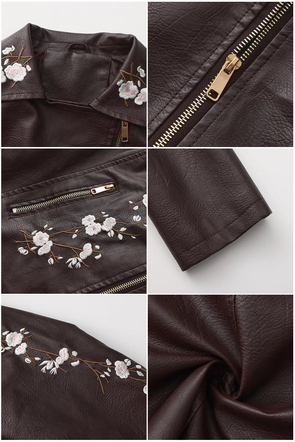 2026 New Women's Black Embroidered PU Jacket, Street-Style Brown Faux Leather Coat, Fashionable Beige Long Sleeves Top.