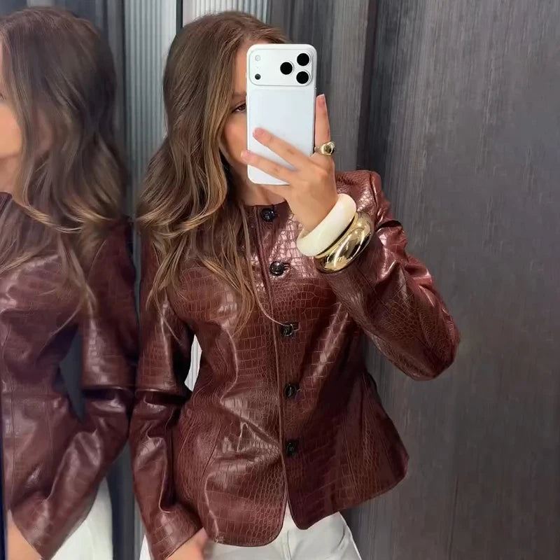 Street Fitted Leather Jackets Women Shoulder Pad Single Breasted Long Sleeves Pu Coats Female 2026 Autumn New Chic Outwears Lady