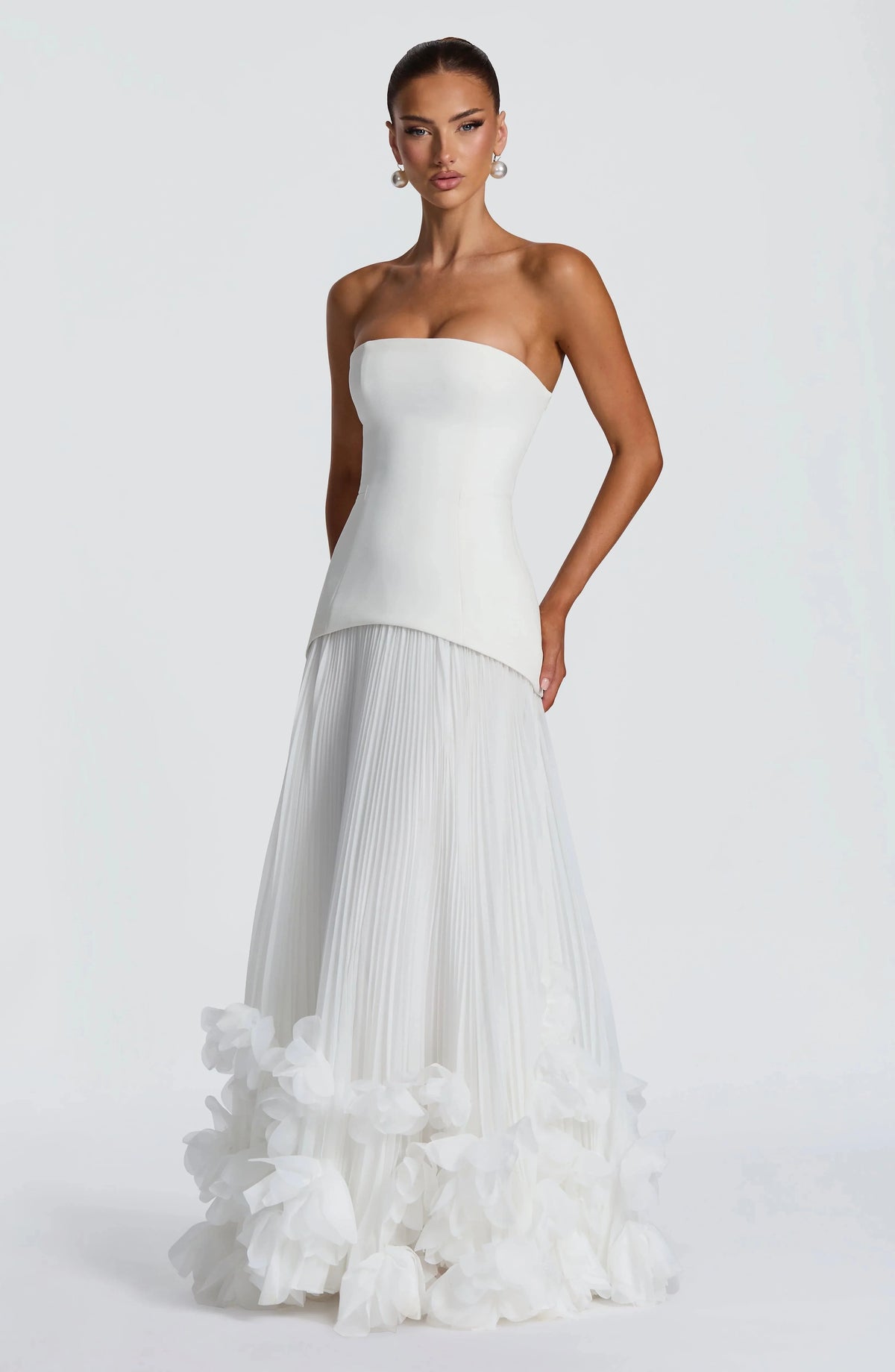 Sexy Lemon Strapless Corset Maxi Gown Sleeveless Corset Pleated Chiffon 3d Floral Hem Flowy Skirt Formal Evening Party Wear