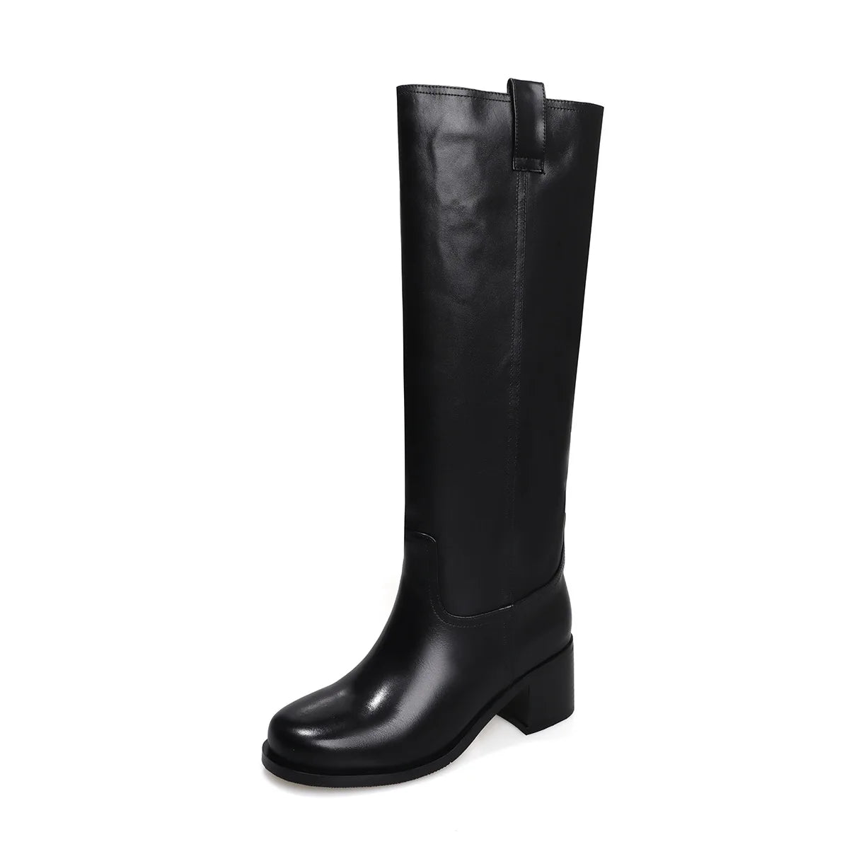 Arden Furtado Autumn Cowhide Knee High Boots Round Toe Pull-On Chunky Heels Riding Boots British Style Large Size Boots