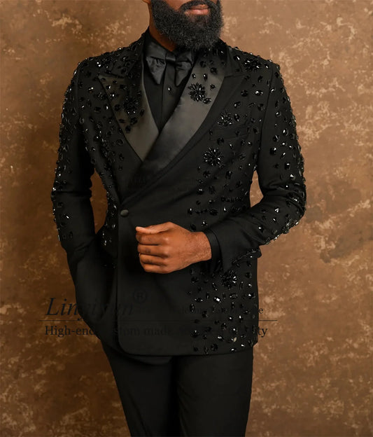 Handmade Crystals Diamond Tuxedos Men Suits Customized Slim Fit Wedding Groom Blazers 2 Pieces Sets Party rajes para hombre