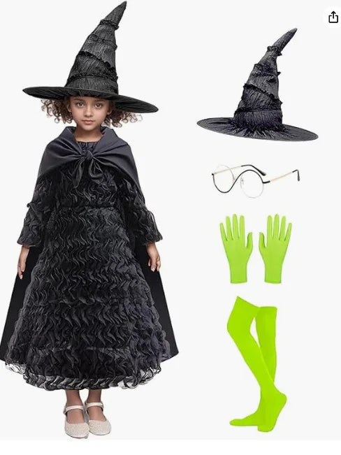 Kids Elphaba Cosplay Costume Elegant Black Dress Top with Hat Disguised Uniform Stage Halloween Party Masquerade Outfits