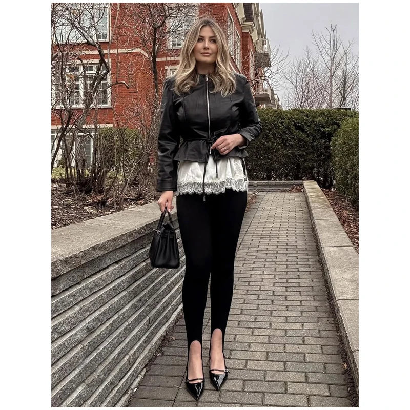 Women's Faux Leather Jacket Black Zip Front Drawstring Peplum Hem Slim Elegant Outerwear Fashion Daily Street Casual Short Coat