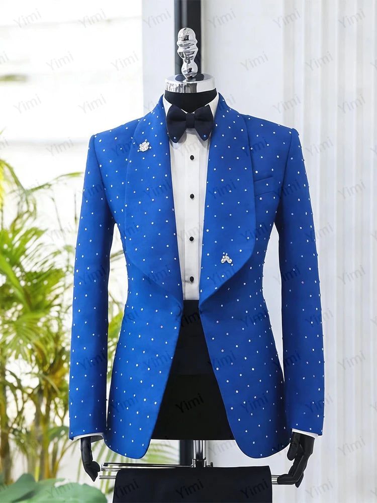 Luxury 2 Pieces Men Suits Shawl Lapel Single Breasted Tuxedo Wedding Outfit Blazer Crystal Prom Suit Jacket+Pants Customized