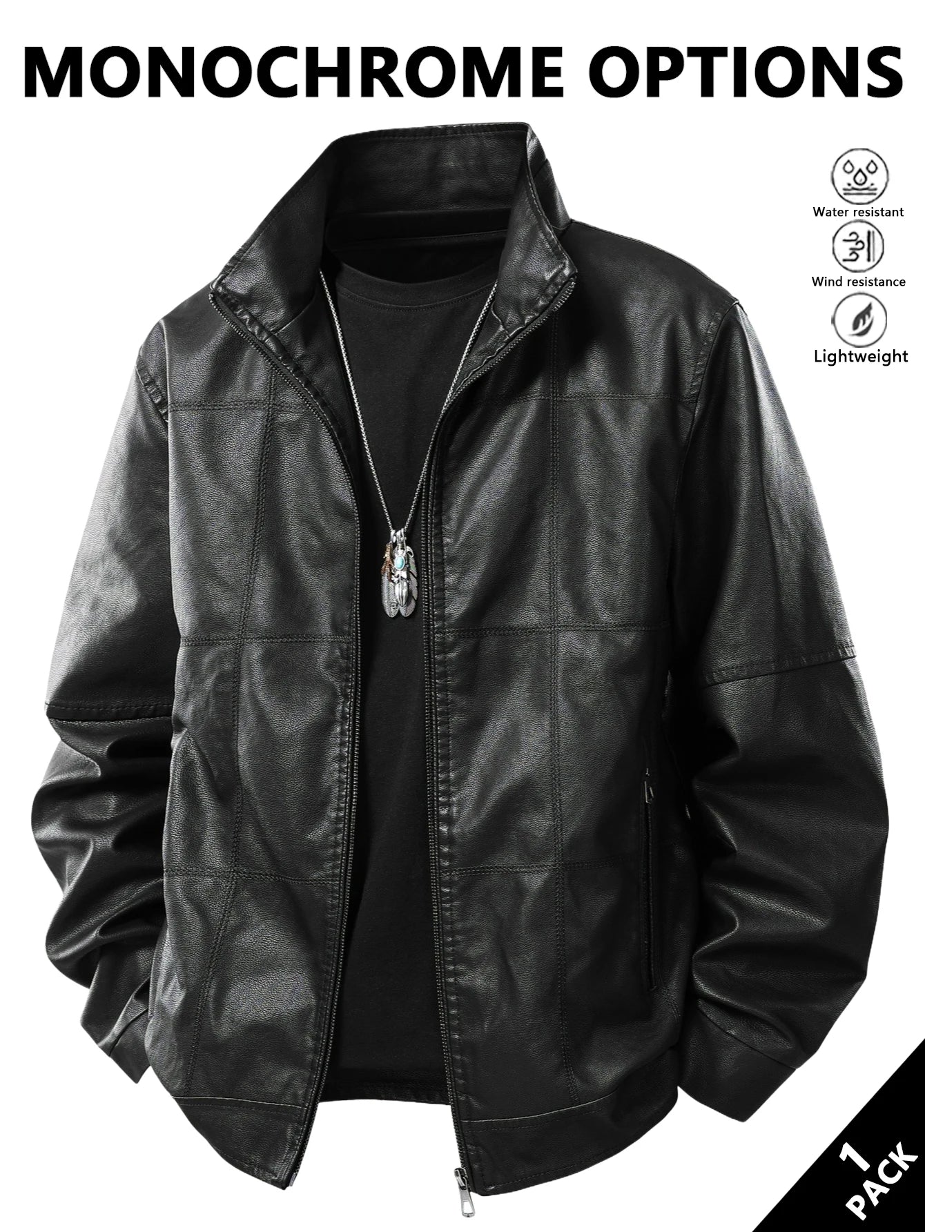 Men's Stand-Up Collar Leather Jacket, Simple and Versatile, Leather Material Gives a High-End Feel, Suitable for Office Commuting, Casual Gatherings with Friends, Autumn and Winter Styling, Street Wear, Leisure and Relaxation