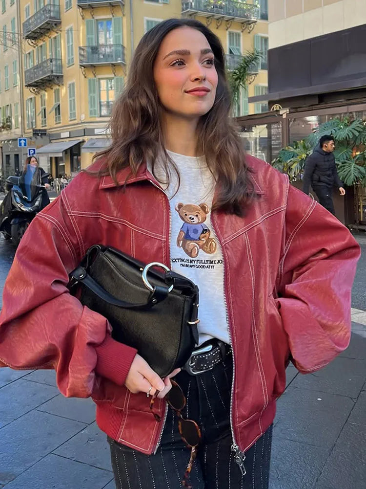 Women Stand Collar Leather Pilot Jacket Red Zipper Cropped Coat Fashion Casual Fashion Outerwear 2026 New Arrival Streetwear