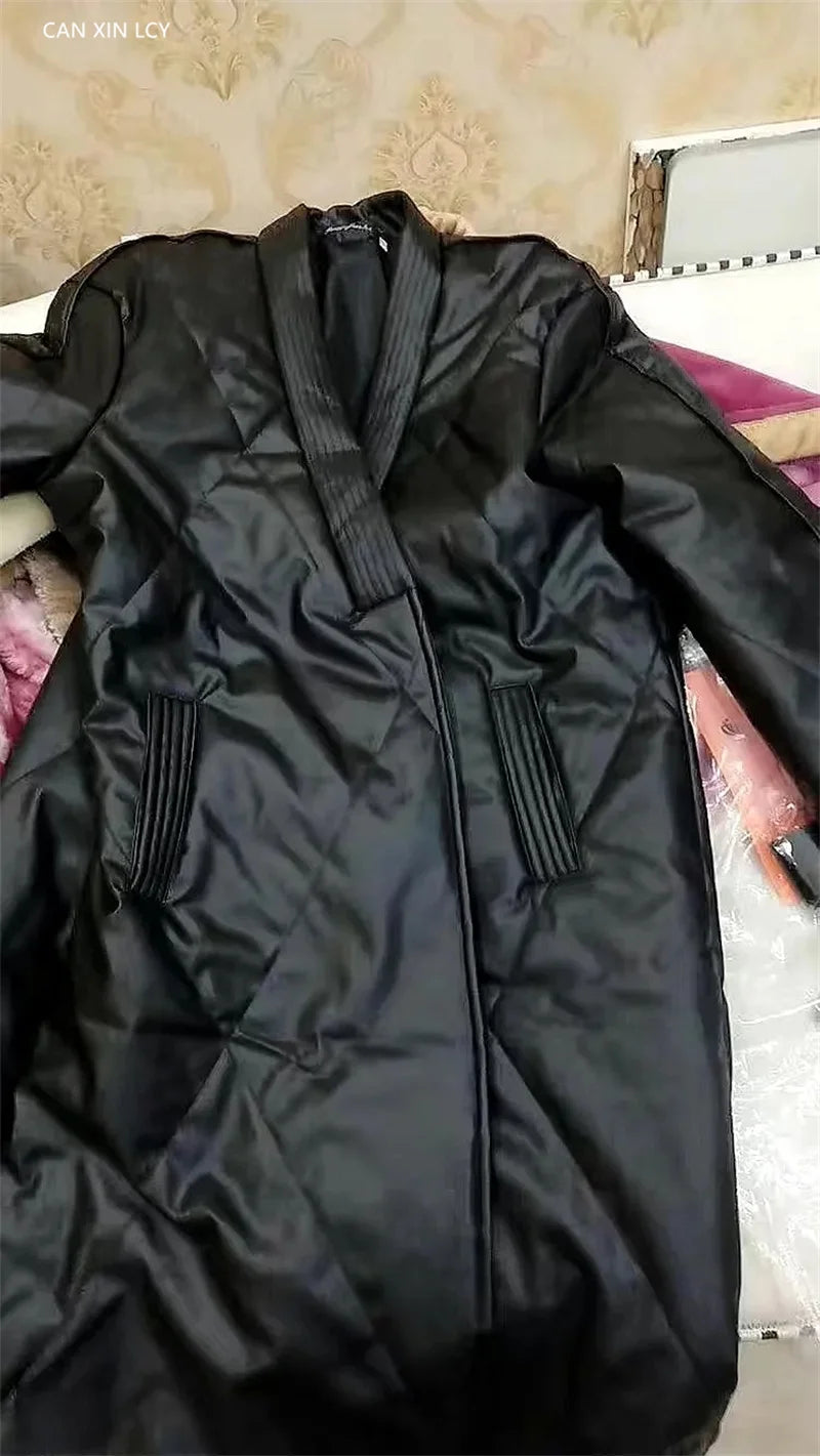 High End Leather Jacket New Women Autumn Winter Long PU Leather Windbreaker With Belt Female Down Cotton Coat Thick Warm Parkas