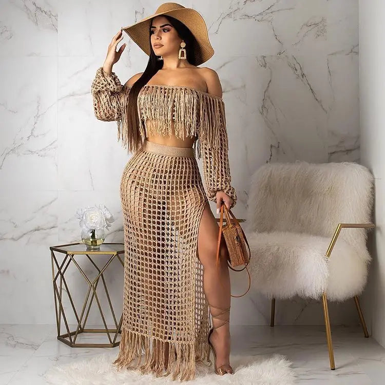 Skirt 2 Piece Set Women Beach Long Skirts Suit Top Off Shoulder Tassels Sexy Hollow Out Ensemble 2025 Summer Female Outfits