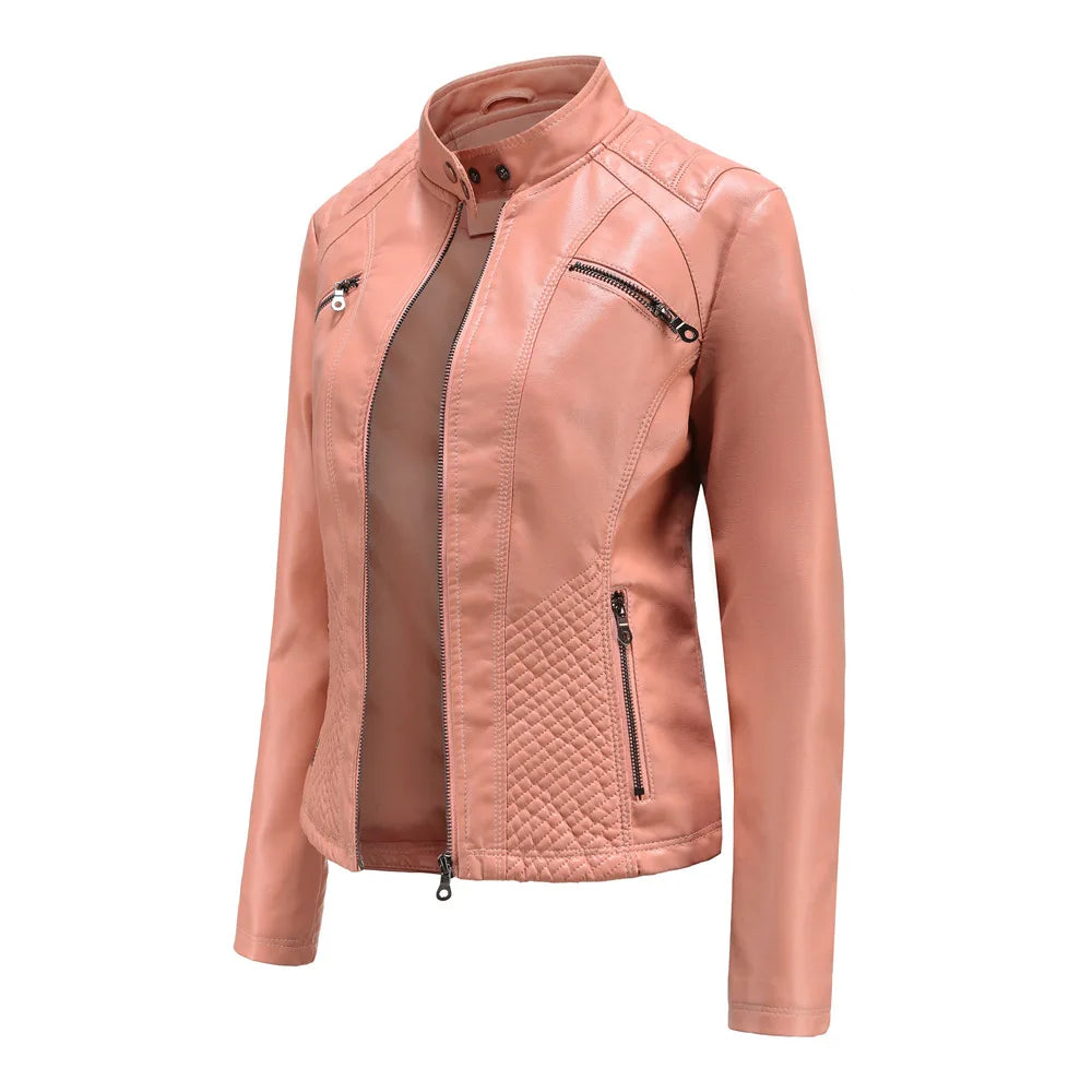Ladies casual stand-up collar jacket Slim models women's spring and autumn solid color women's leather jacket