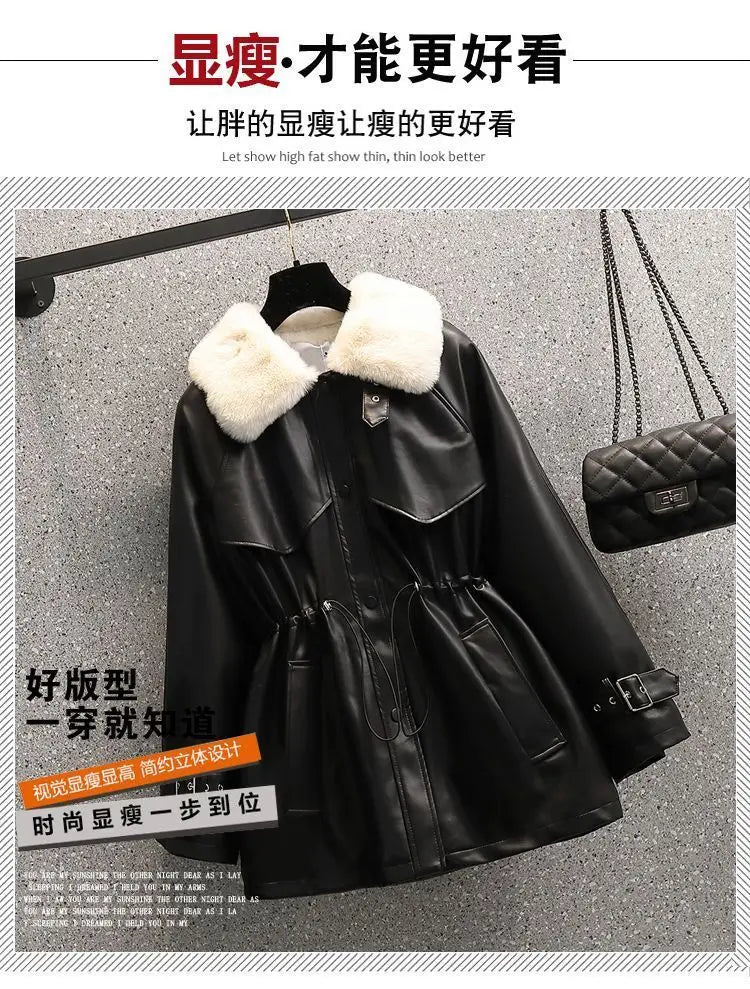 2026 Winter Age Reduction with Thick Velvet Loose Stand up Collar Motorcycle Wear PU Leather Jacket Long Sleeve Coat for Women