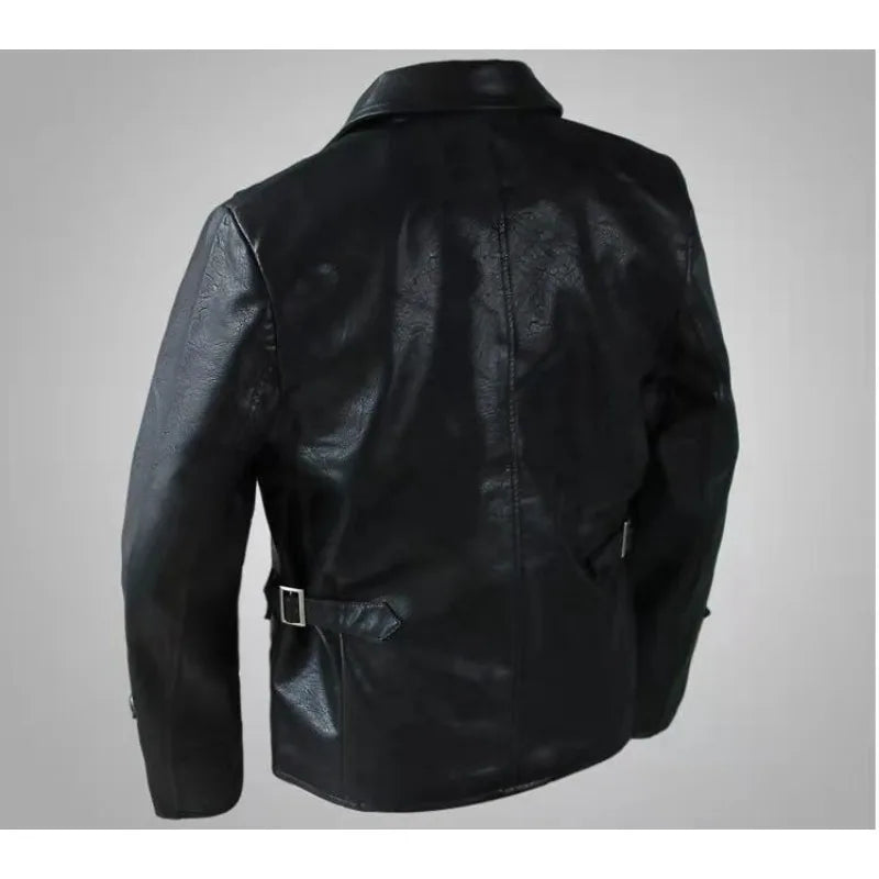 Mens English Gothic Black Leather Trench Coat Military Officer Classic