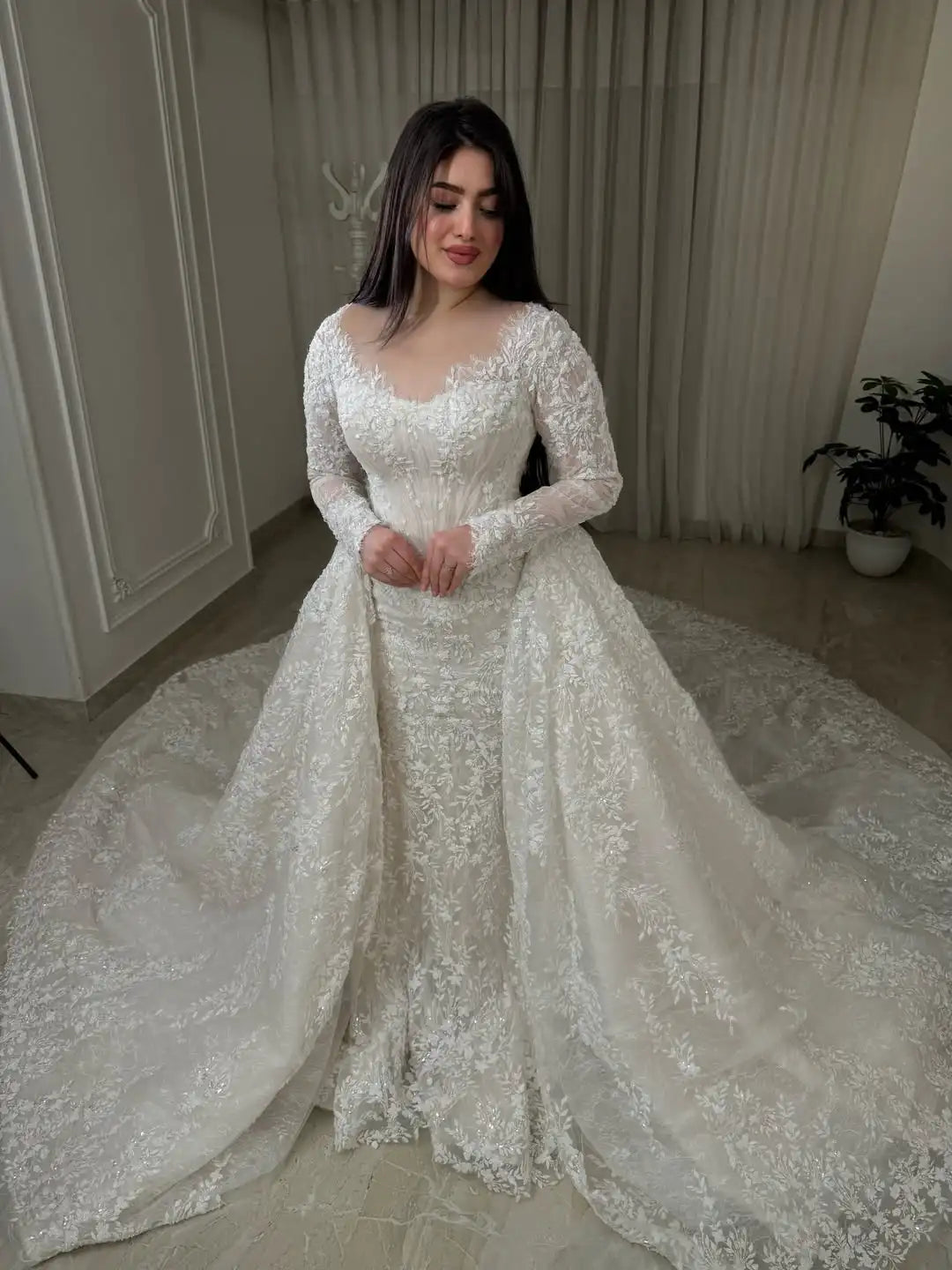Luxury Long Sleeve Lace Mermaid Wedding Dress Detachable Train, Royal Bridal Gown, Elegant Corset Wedding Dress Vestido De Novia