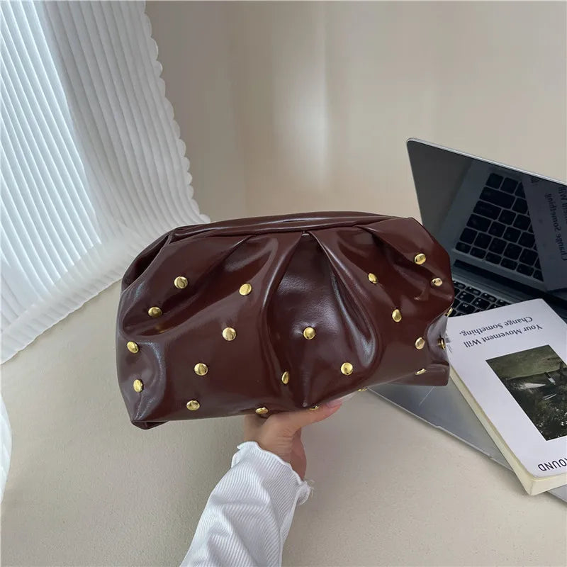 Simple Versatile Clip Evening Handbags for Women Solid Color Rivet Pleated Design Ladies Clutch Female Soft Pu Leather Purse