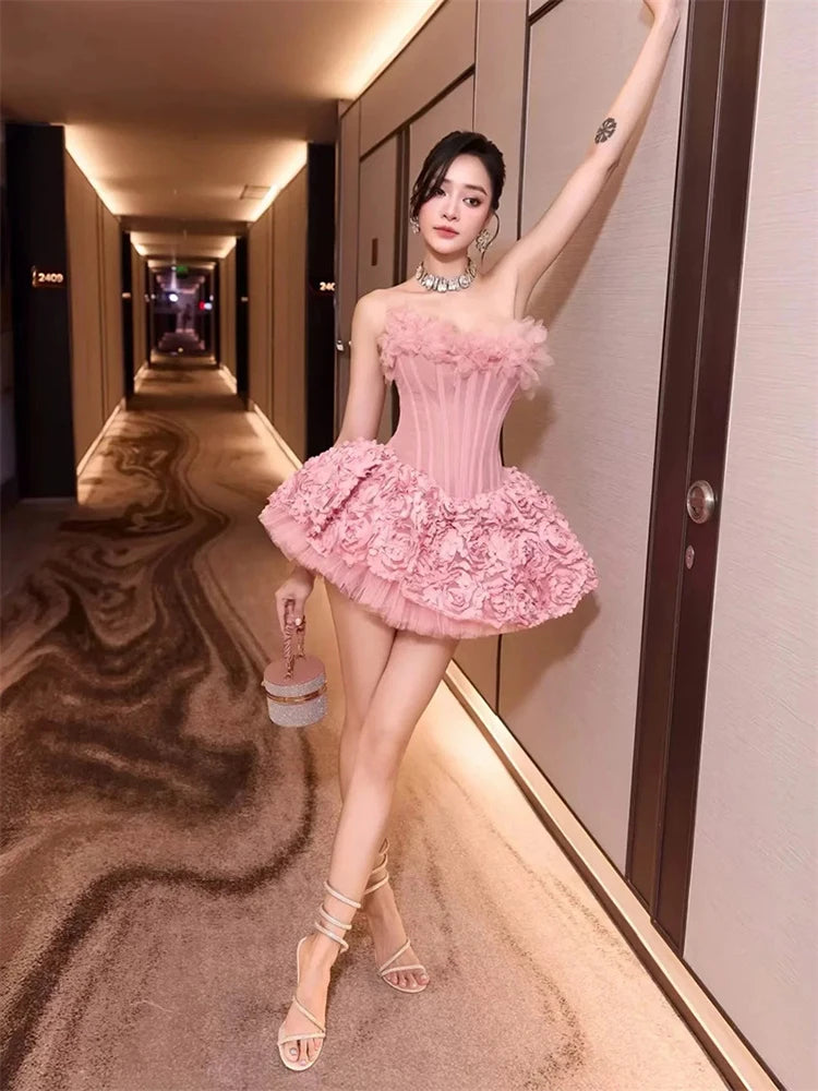 Sexy Strapless Flower Lace A-line Mini Dress Women Red Sleeveless Backless Floral Slim Dresses Evening Party Cocktail Gowns