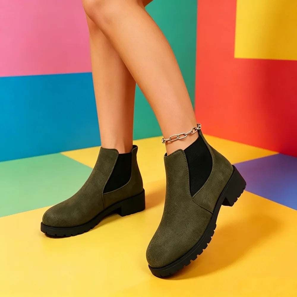 Women Suede Chelsea Boots Thick Sole Elastic Side Non Slip Casual Footwear All Season Daily Wear Comfortable Fit Chunky Design