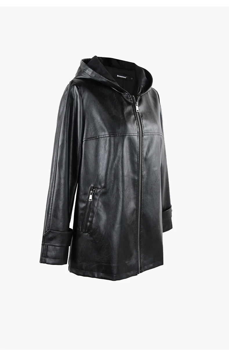 Nerazzurri Spring Autumn Black Waterproof Lightweight Soft Pu Leather Jacket Women with Hood Zipper Loose Casual Clothes 2023